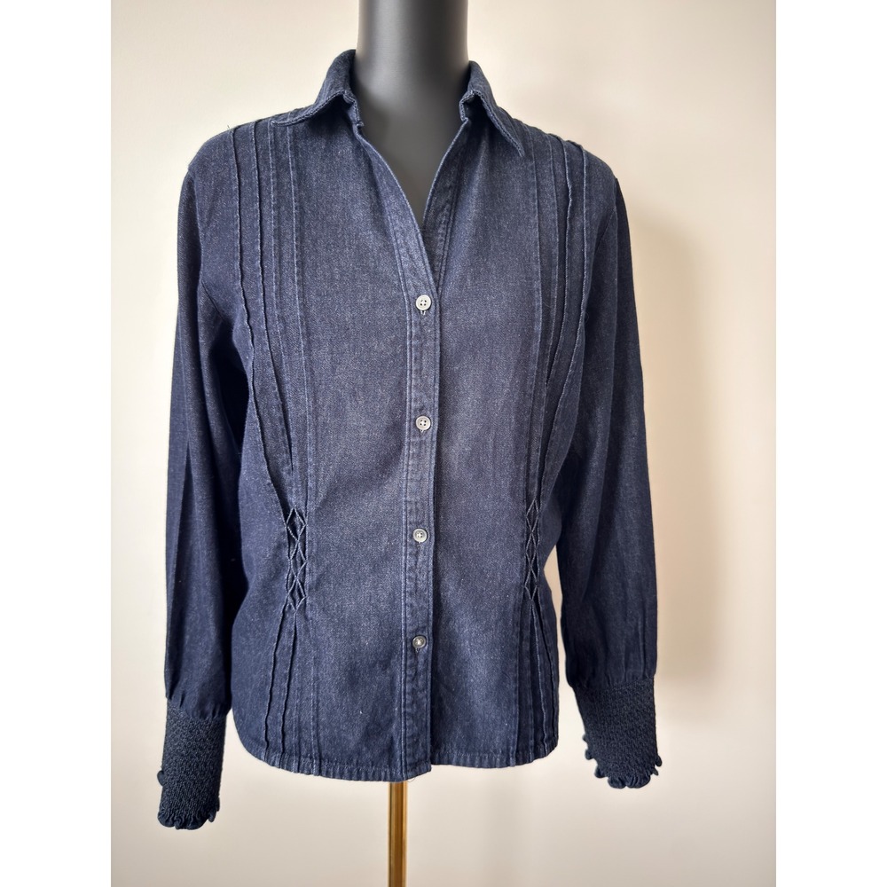 Talbots Womens Denim Button Down Shirt Dark Wash Smocked Waist Cuffs Blue Size M